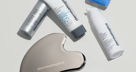 smart response serum, pro-collagen banking serum, skin smoothing cream, and stainless steel gua sha