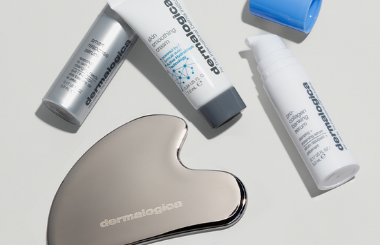 smart response serum, pro-collagen banking serum, skin smoothing cream, and stainless steel gua sha