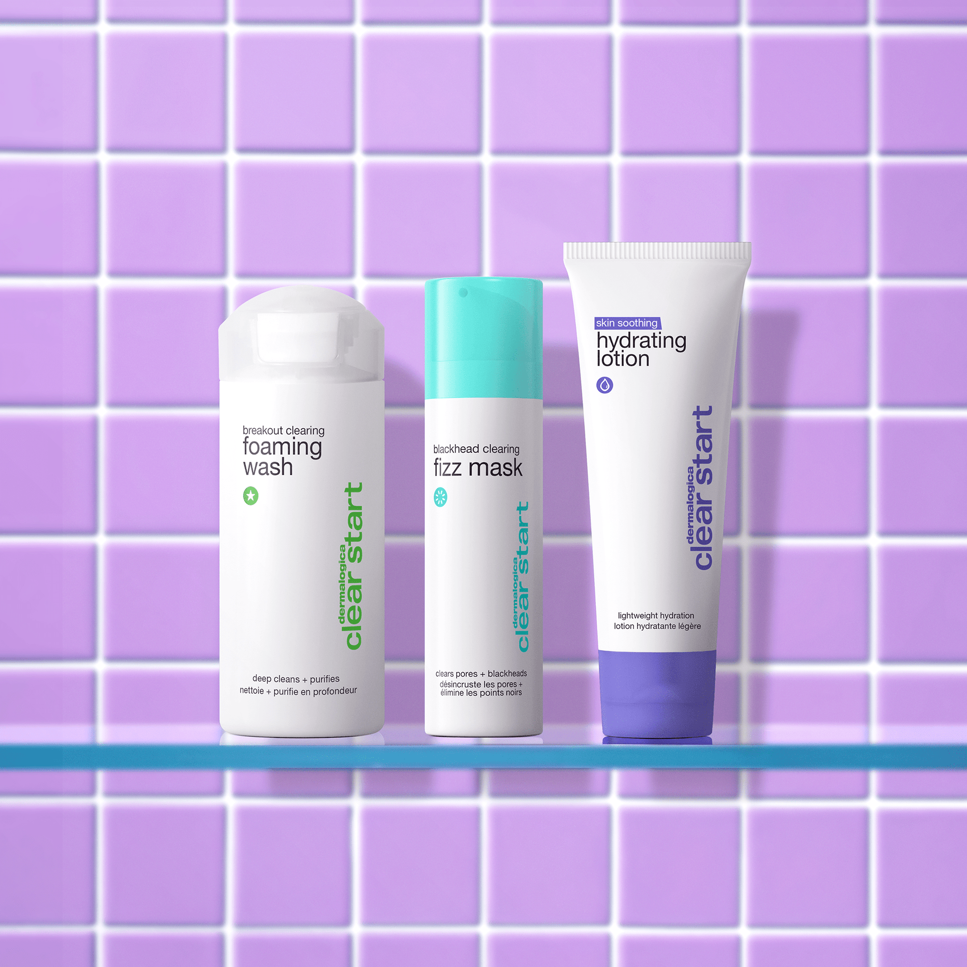 skin soothing hydrating lotion, blackhead clearing fizz mask, breakout clearing foaming wash on shelf