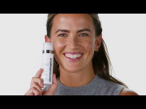 Text, dermalogica. Powerbright dark spot serum. Start fading dark spots in a week and continue to diminish them over time. Cleanse and tone. Dispense one pump into palm. Smooth over face. A woman applies the serum onto her face in small circular motions. Text, Allow one minute for product absorption. Apply each morning to reveal your natural glowing skin. dermalogica