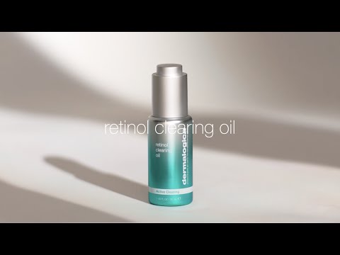 Text, Dermalogica. Retinol Clearing Oil. Clears. Renews. Nourishes skin. A model displays the Clearing Oil bottle. Text, Cleanse and tone. Press button to fill. Dispense 6 to 10 drops into hands. Smooth over face and neck. Dermalogica.
