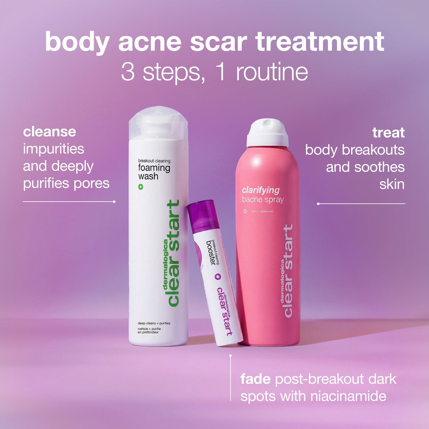 body acne scar treatment breakout clearing foaming wash, breakout clearing booster, clarifying bacne spray 