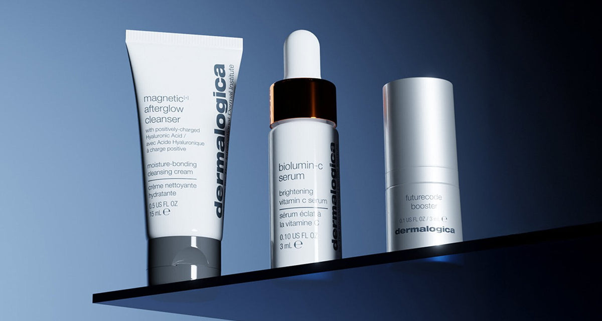 magnetic afterglow cleanser, biolumin-c serum, and futurecode booster minis