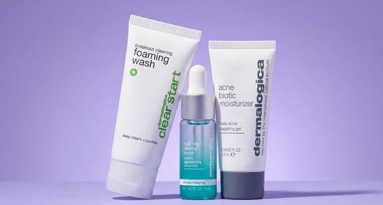 breakout clearing foaming wash, age bright clearing serum, and acne biotic moisturizer minis