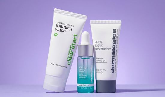 breakout clearing foaming wash, age bright clearing serum, and acne biotic moisturizer minis