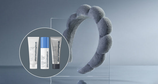 gray headband, powerbright dark spot peel, pro-collagen banking serum, and multivitamin power recovery masque