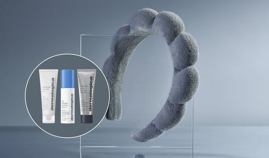  gray headband, powerbright dark spot peel, pro-collagen banking serum, and multivitamin power recovery masque 