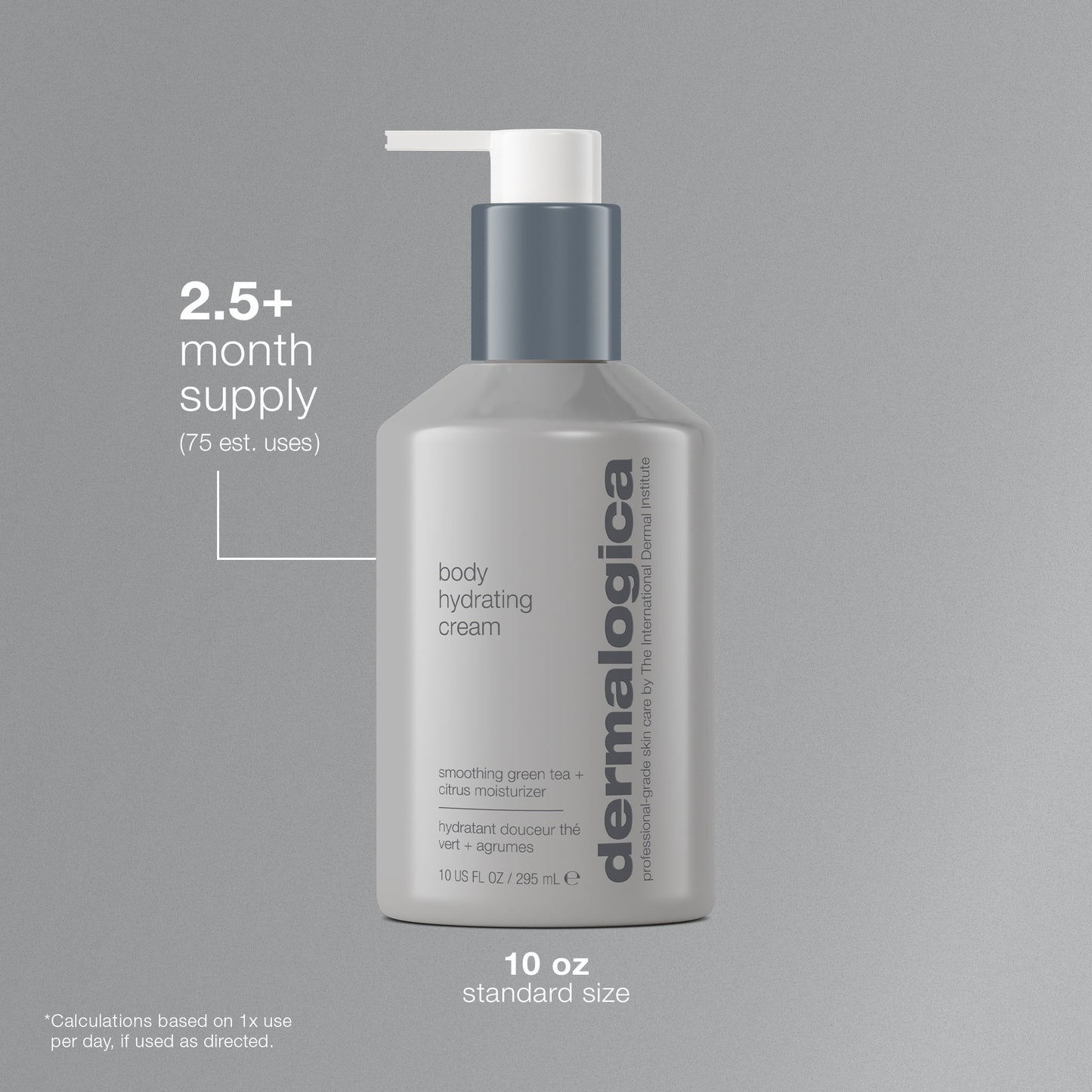 Dermalogica body hydrating cream bottle on a gray background. 2.5+ month supply and 75 estimated uses 