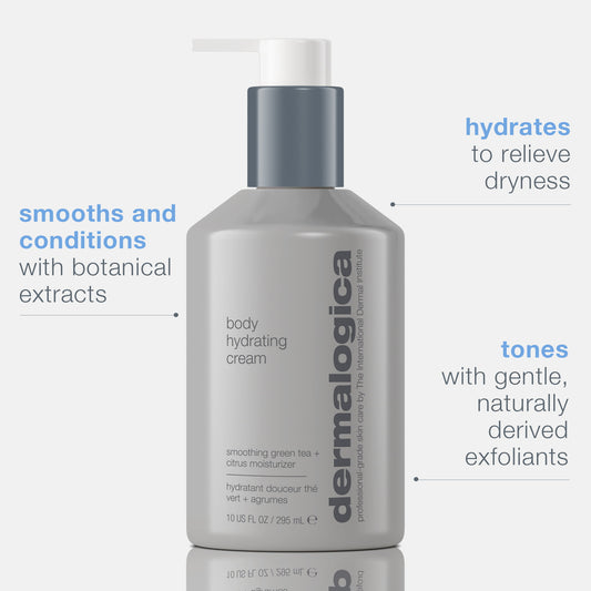 Dermalogica body hydrating cream bottle with text highlighting its benefits on a white background