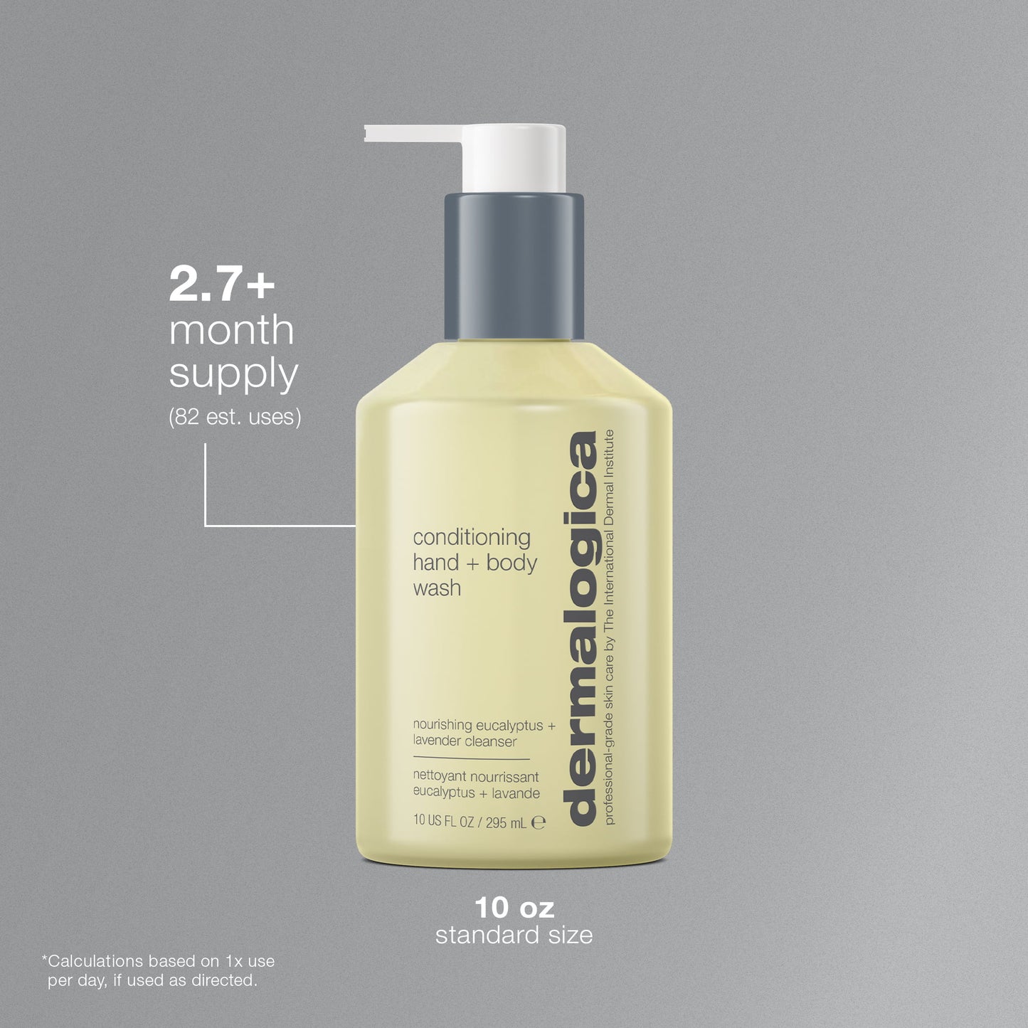 Dermalogica conditioning hand and body wash bottle on a gray background. 2.7+ month supply, estimated 82 uses. 