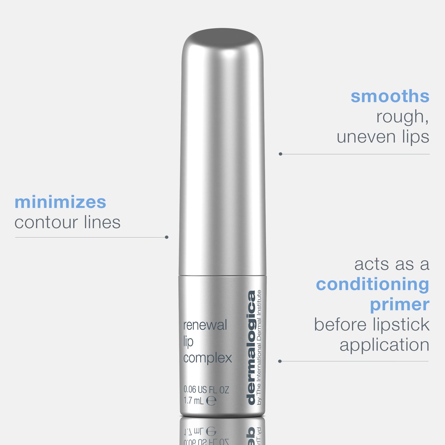 Lip care product with text describing its benefits on a white background 