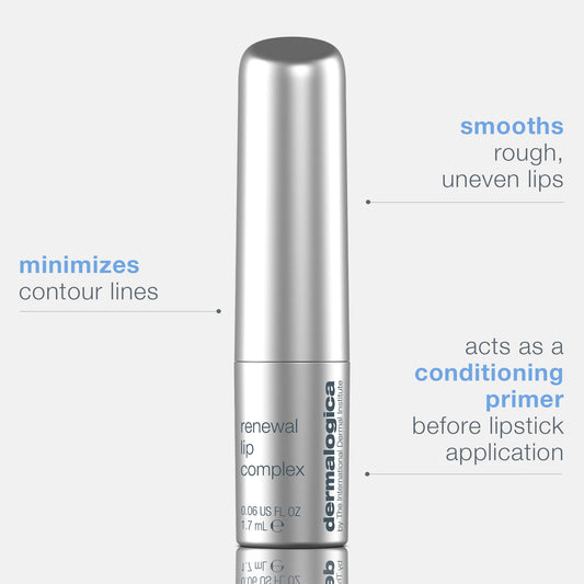 Lip care product with text describing its benefits on a white background