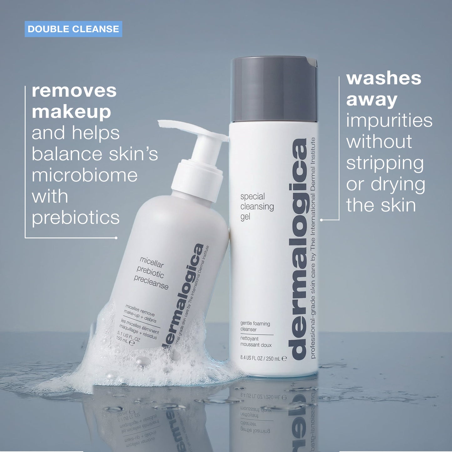 Two Dermalogica skincare products on a reflective surface with a gray background about double cleansing. 