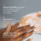 Hands applying a foamy skincare product with text instructions on a gray background
