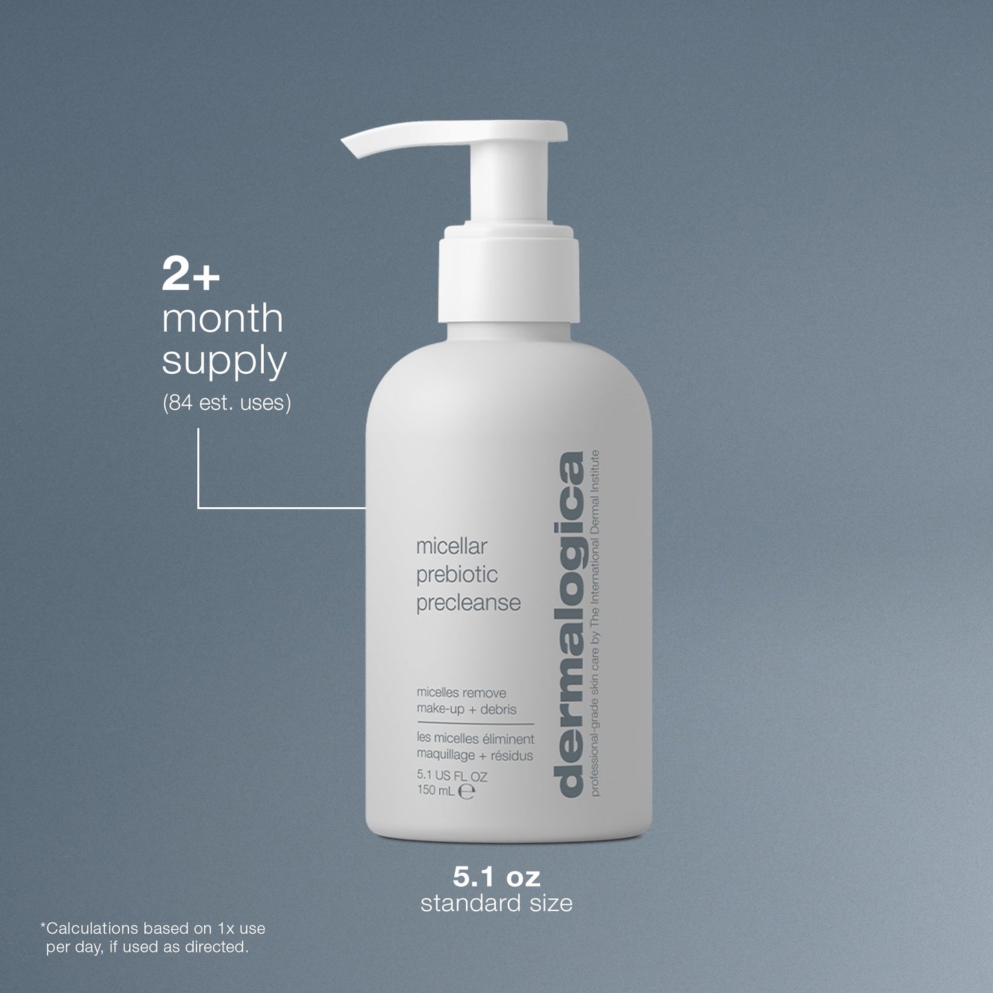 Dermalogica micellar prebiotic precleanse bottle with label on a gray background with a 2+month supply, estimated 84 uses. 