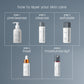 Step-by-step guide to layering skin care products with Dermalogica bottles on a gray background.