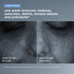Before and after UV light images of skin with text about a wash removing makeup, sunscreen, debris, and pollutants.