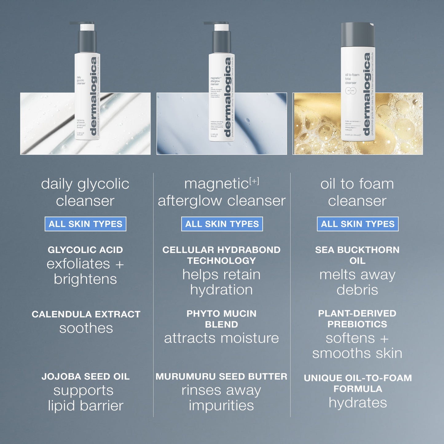Three bottles of Dermalogica cleansers comparison chart with product details on a gray background 