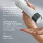 Hand applying skincare product with text instructions on a gray background