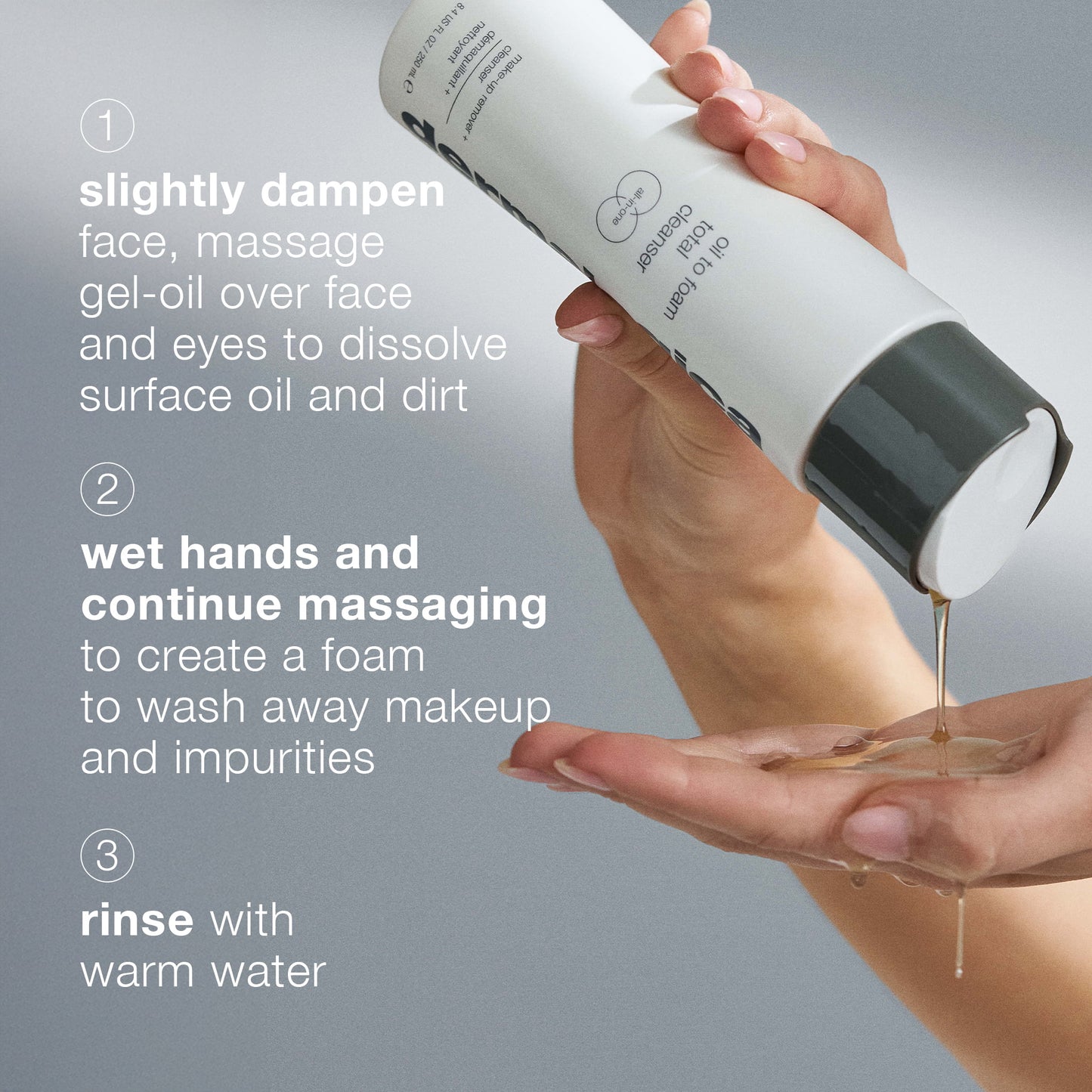 Hand applying skincare product with text instructions on a gray background 