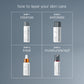Step-by-step guide to layering skin care products with Dermalogica bottles on a gray background.