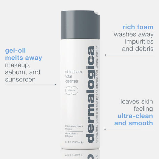 Dermalogica oil to foam cleanser bottle with text highlighting product features on a white background