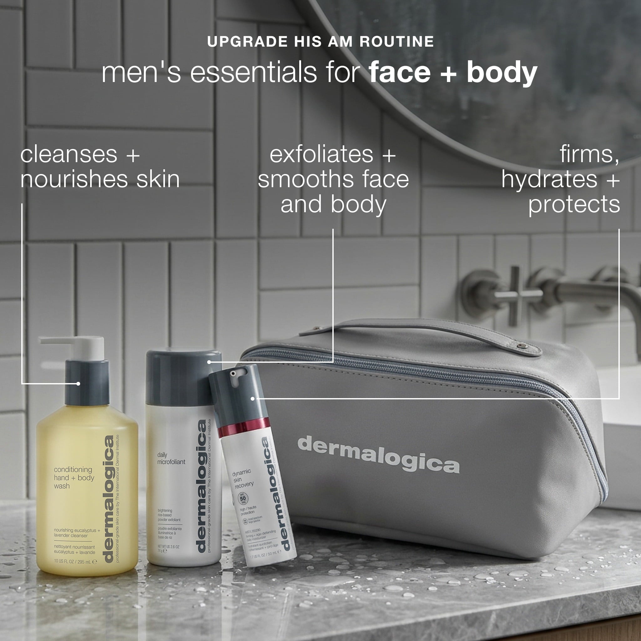 Men's Daily Face + Body Skin Care Routine Set (3 full-size + bag