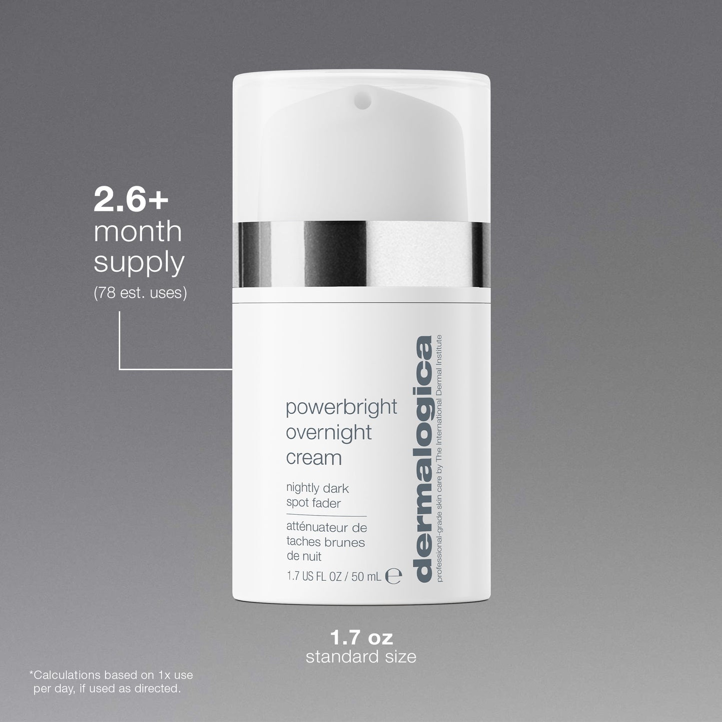 Dermalogica powerbright overnight cream bottle on a gray background. 2.6_ month supply, estimated 78 uses 