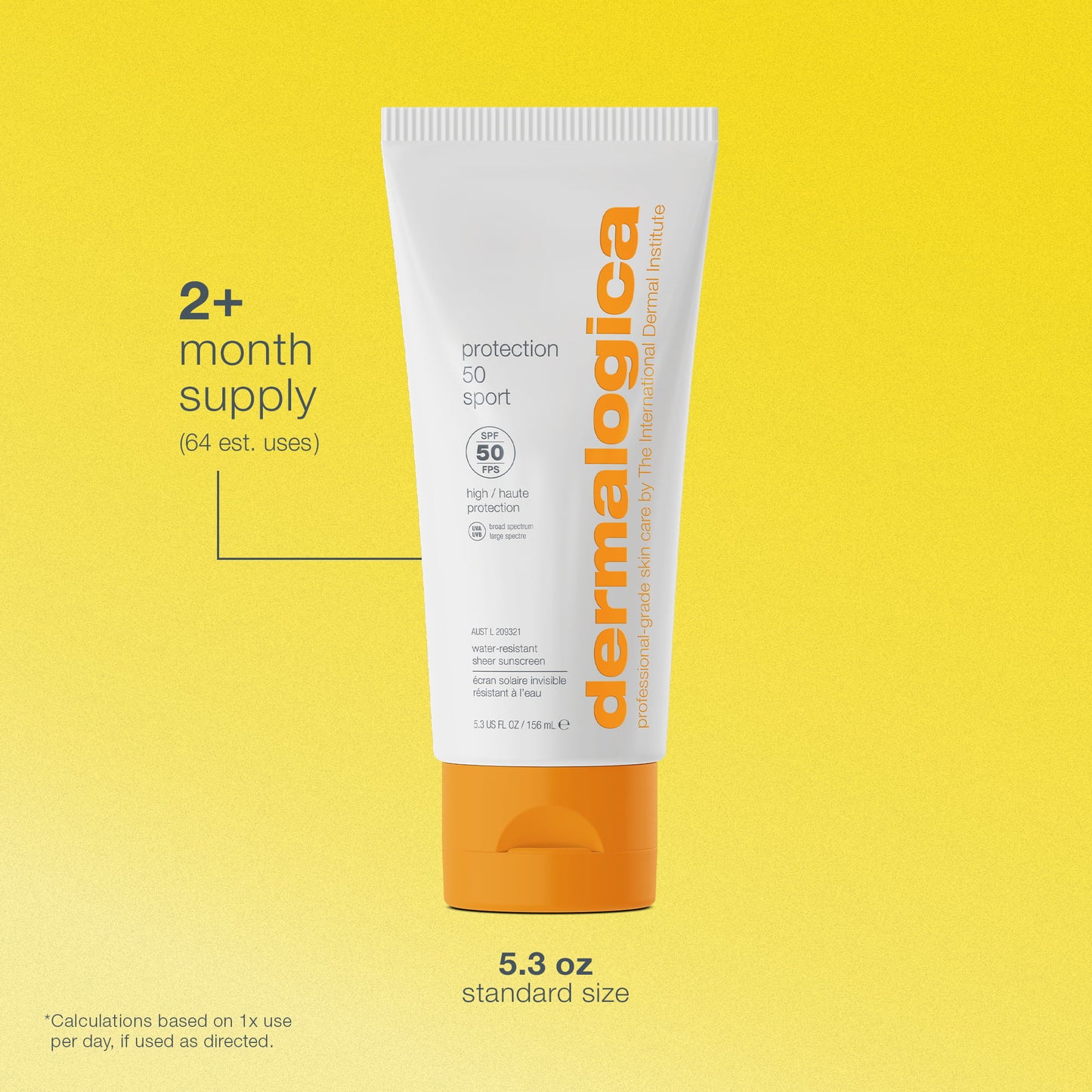 Dermalogica sunscreen tube on a yellow background. 2+ month supply, estimated 64 uses 