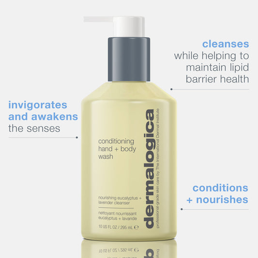 Dermalogica conditioning hand and body wash bottle on a light gray background with listed benefits.