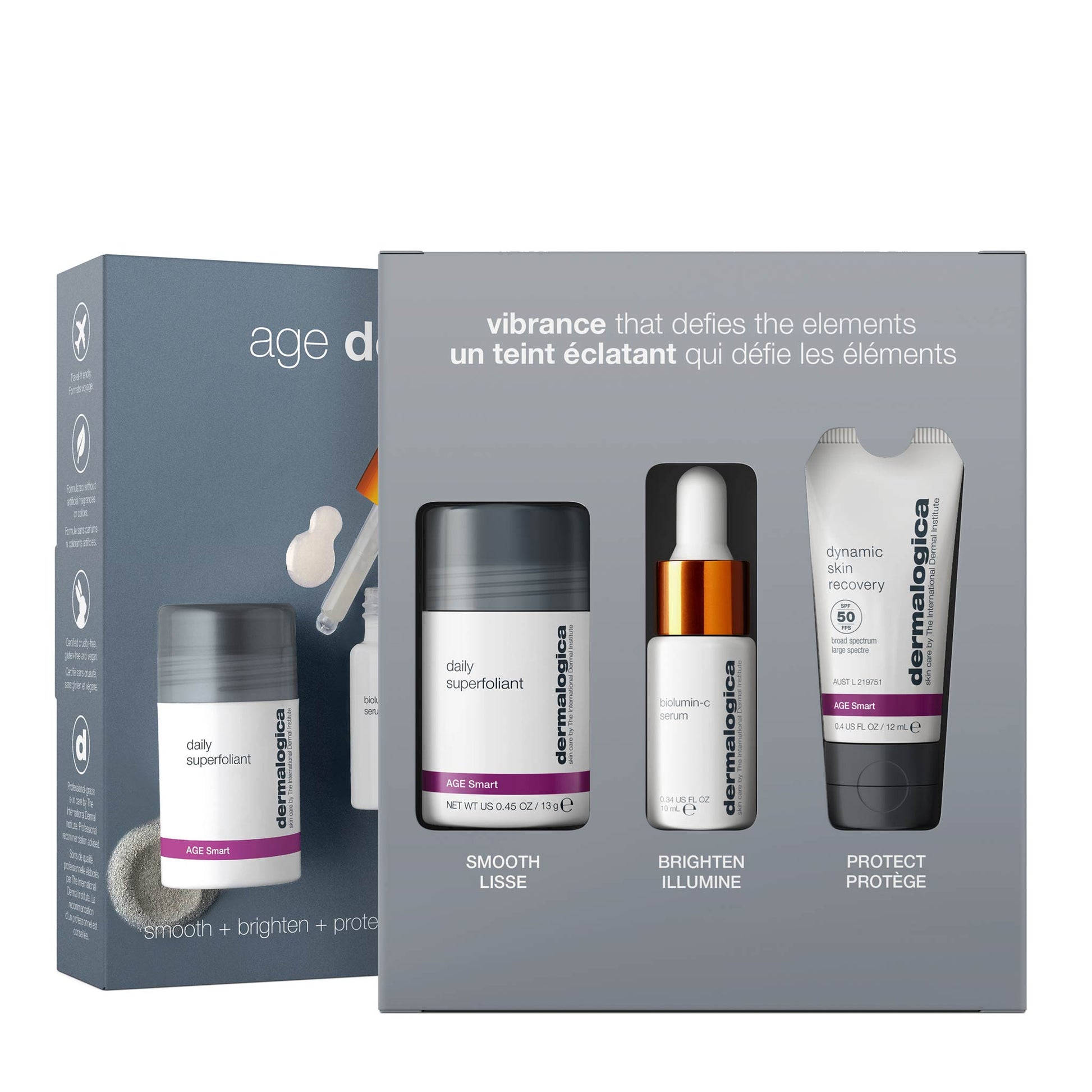 Age defense kit with daily superfoliant, biolumin c, and dynamic skin recovery