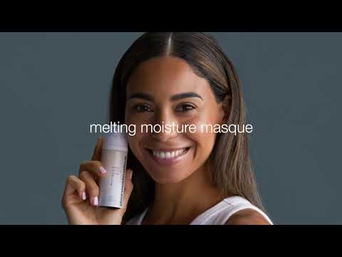 Text, melting moisture masque. Woman smiling and holding melting moisture masque. Text, extreme moisture for dry skin. Text, after cleansing. Woman wiping face down with towel. Text, dispense pea-size amount onto fingers. Hand dispensing melting moisture masque onto fingertips. Text, massage onto skin. Woman massaging product into skin. Text, leave on. Text, use 1-2 times a week. Text, to transform dry, dull skin into nourished, healthy-looking skin. Dermalogica logo. 